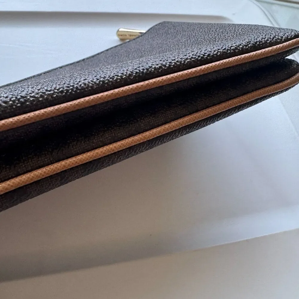Michael Kors Bedford Double Zip Clutch Dark Brown Logo Signature Monogram